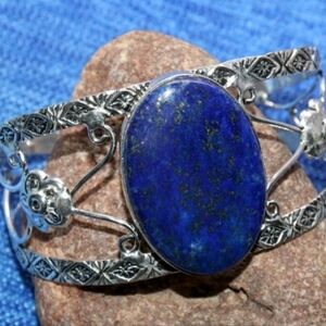 Lapis Lazuli Gemstone 925 Sterling Silver Handmade Adjustable Cuff Bracelet